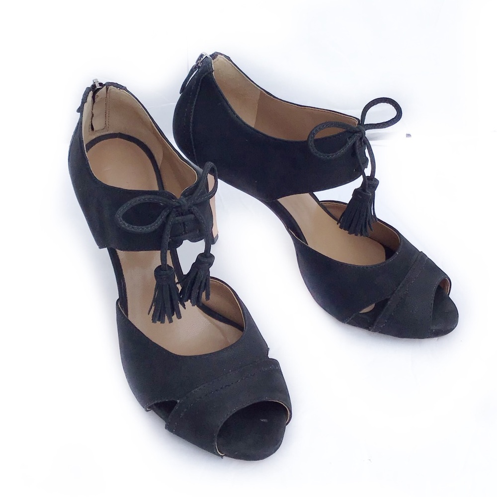 Talbots-Leather Tassel Peep Toe Stiletto Booties